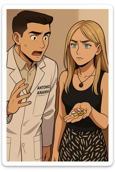 fai un webtoon/manga a colori con questo kinesiologo in camice bianco (fagli la scritta "ANTONIO ANANIA" SUL CAMICE) CHE PARLA CON QUESTA RAGAZZA CON GLI OCCHI AZZURRI. LA RAGAZZA HA UN PUGNO DI INTEGRATORI IN MANO (TANTE PILLOLE DIVERSE) E LE GUARDA DUBBIOSA. IL KINESIOLOGO CON IL CAMICE BIANCO LE DOMANDA UNA COSA SCIOCCATO. NON FARE I FUMETTI, FAI SOLO LORO COME SE DIALOGASSERO sticker