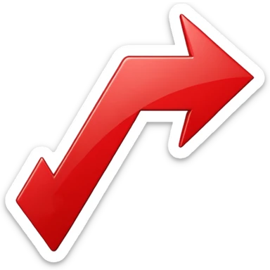 iOS-style 3D emoji: upward-pointing arrow with a zigzag line chart shape, glossy red surface, thick beveled edges, soft shadow, no text, no face sticker