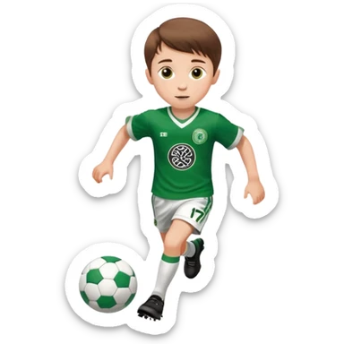 Celtic footballer jersey logo  6 years old brown hair white boy , brown eyes , stripes uniform , RUNNING  with soccer ball # 17 celtic football logo PUT ONLY ONE LOGO ONE CELTIC LOGO ONLY white shorts sticker