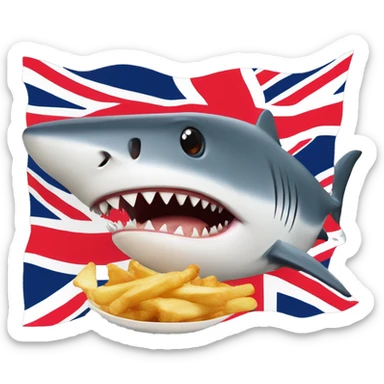  A British shark with a union jack patern hat who  eating fish and chips sticker