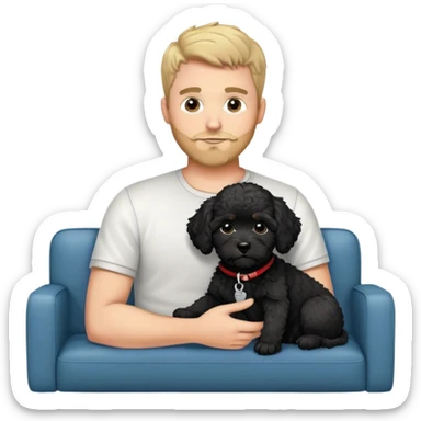 34 year old man with short straight salt and pepper hair hanging out with his black cavapoo puppy with a white chest on the sofa sticker