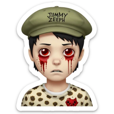 Zombie Boy with black hair and a little blood on his face and sleepy eyes and a cap that has the phrase #jimmy written on it , and a shirt with cheetah texture emoji emo sticker
