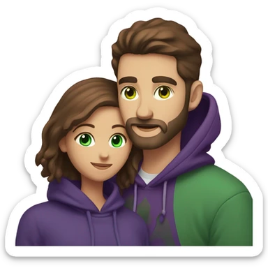 two people a man with brown hair and a beard with green eyes in a dark purple hoodie and a woman with brown hair and blue eyes in a dark purple hoodie hugging with a heart on top sticker