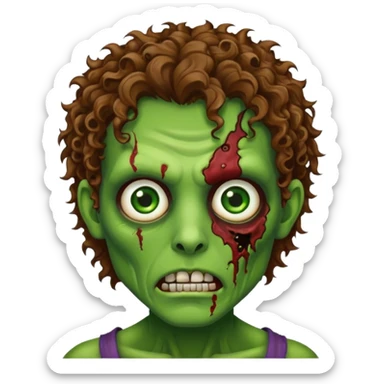 Generate an emoji-style image with a white background of a green-skinned zombie. The zombie should have visible facial wounds, curly brown hair with highlights, green eyes, and a shaved line in the left eyebrow. sticker