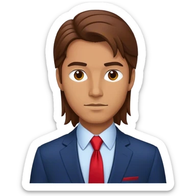 man with long brown hair in a dark blue suit with a red tie sticker