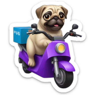 a pug on a purple electric motorbike making a delivery sticker