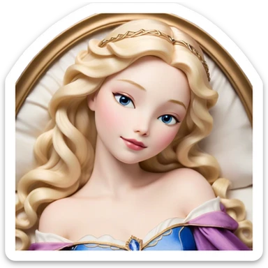 Cinematic Realistic Sleeping Beauty (Aurora) Portrait, with porcelain-like skin featuring a natural rosy flush, illuminated by soft lighting that highlights the gentle contours of her face. Her golden blonde hair flows in soft, detailed waves with subtle highlights that shimmer in the light. Her deep violet-blue eyes radiate warmth and innocence, framed by arched brows and long lashes. With a soft, serene smile, she holds a delicate rose gently in one hand, her other hand resting lightly by her side. She is dressed in her classic pink gown, the fabric rich in texture with delicate folds that catch the light. A golden crown rests atop her head, gleaming with royal refinement. The portrait captures a soft, glowing aura, blending realism with an ethereal sense of beauty and timeless enchantment. sticker