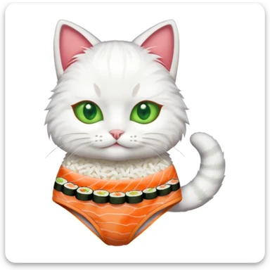 cat in a one piece swimsuit constructed from multiple sushi pieces, emoji style sticker