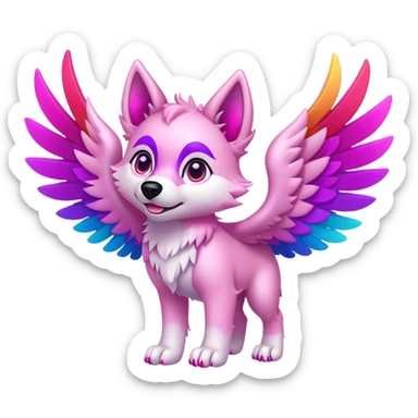 a light pink wolf pup with magenta eyes and pink and purple feathered wings and rainbow feet, flying happily  sticker