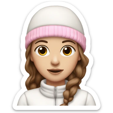 white girl with brown hair and black eyes wearing a white and pink winter outfit sticker