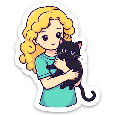 Girl with curly blonde hair holding a black cat sticker