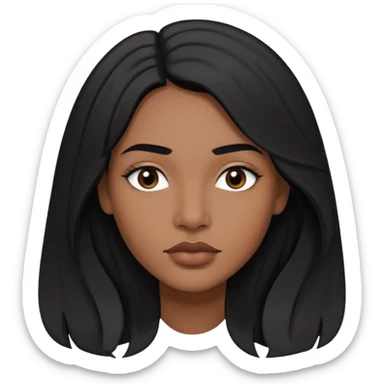 Preserve these features: long, slightly wavy black hair parted to the side, black eyes and eyebrows, full lips, medium-dark (black-brown) skin tone.
The image is a digital vector illustration, with clean lines, flat colors, and stylized semi-realistic features, minimal shading, and a square format. sticker