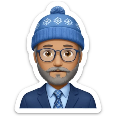 Create a figure that reflects an experienced entrepenurr but who has professional and elegant clothing, blue winter cap, grey glasses, brown eyes and an unkempt beard  sticker