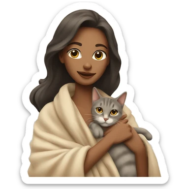 pretty woman petting cat in beige blanket sticker