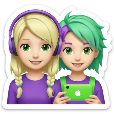 Make a blonde girl with green glowing headset on and a purple haired girl haveing fun , make them a chibi emoji page sticker