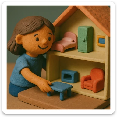 smiling girl arranging furniture in doll house sticker