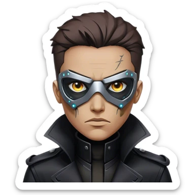 A dystopian bounty hunter, black trench coat, cybernetic eye glowing sticker