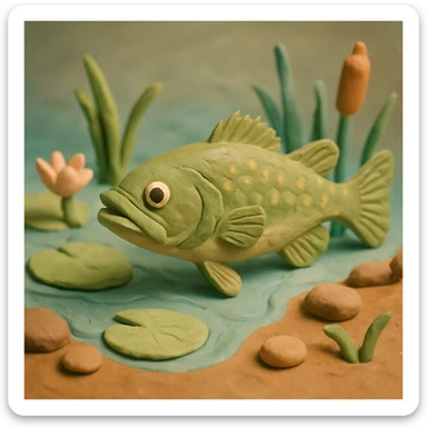 largemouth bass swimming in a pond, visible fingerprints, pastel colors, claymation style sticker