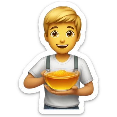 a boy handling an honey bowl sticker