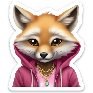 Pink magenta burgundy maroon cyan beige gray fox wearing a pink hoodie with gold jewellery gold piercings gold ear piercing gold nose piercing vintage watercolour tie dye black raven wings sticker