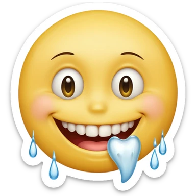 Yellow smiley face holding back tears with realistic watery eyes, and a big human tooth smile sticker
