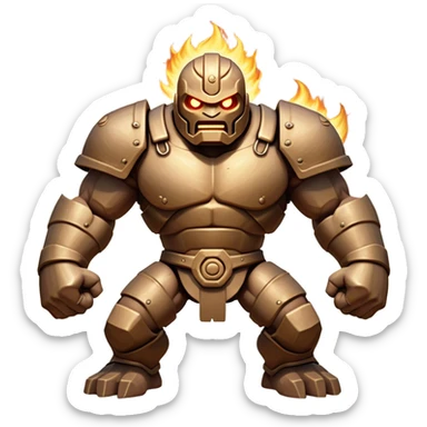Cinematic Fierce Mighty Iron Golem Portrait Emoji Depicted mid-action in a dynamic, battle-ready stance, massive fists clenched, the ancient metallic plates along its form shifting with raw power. Its eyes blaze like molten fire within a carved, rune-etched face, exuding both divine purpose and mechanical precision. Weathered steel and dark bronze tones are accented by glowing, arcane inscriptions, each detail meticulously crafted with lifelike metallic reflections. High shine, imposing yet regal, styled with an air of indestructible might, soft glowing outline, capturing the essence of an unstoppable colossus that looks ready to charge forth with a thunderous step! sticker