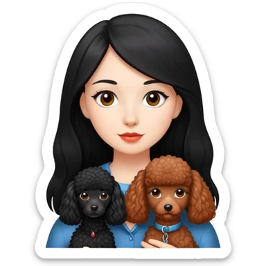 A beautiful girl with fair skin has long straight black hair and a miniature reddish-black Poodle. sticker