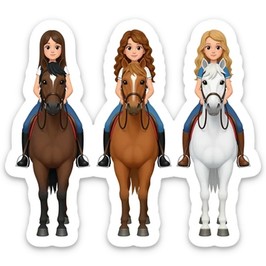 Three horses white bay and sorrel with three riders on the bay horse a girl with dark straight hair on the sorrel horse a girl with wavy brown hair and on the white horse a girl with sandy hair sticker