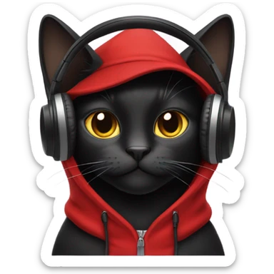 Black cat wearing red hoodie with a top hat and headphones sticker