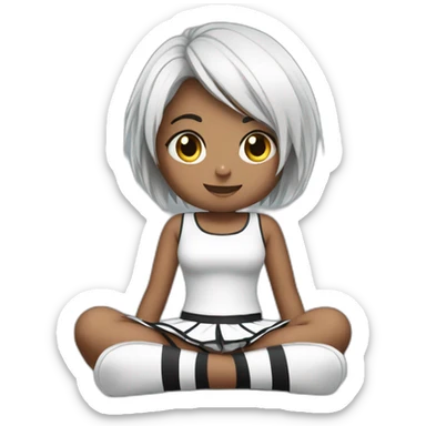 Frontal view curvy emo girl sits white skirt striped stockings hands up sticker