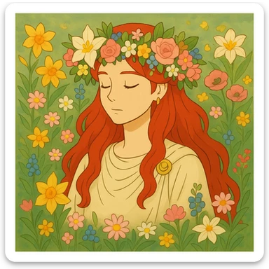 Add a crown of flowers to Persephone's head, keeping the Ghibli style and her vibrant red hair, surrounded by spring flowers. sticker