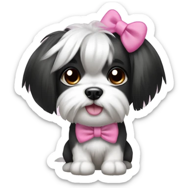 Girl dog shitzu with black and white hair with a side ponytail and a pink bow on her head with her hair sticking up sticker