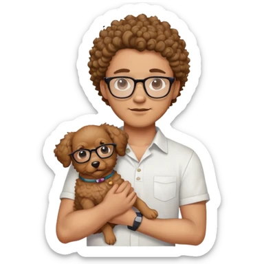 buatkan emoji laki laki kuliahan dengan rambut ikal menggunakan kacamata, menggendong anjing lucu tanpa kacamata, warna baju putih, dan latar foto putih sticker