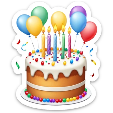 Realistic birthday cake with ballons, candles, confetti sticker