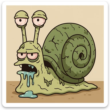 zombie snail, cartoon style, greenish decaying shell, drooling, creepy eyes sticker