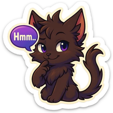 a dark-brown fluffy cute kawaii anthropomorphic furry anime cat-furry with tufted ears and a long thin tufted tail, thinking, smirking thoughtfully, saying “Hmm..” with a purple speech bubble, (cartoon style) (cute anime style) (furry style) (deviantArt style) (artist style: Kamirah) sticker