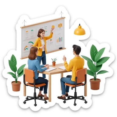 a group of creative people brainstorming at a whiteboard, skeuomorphism style sticker