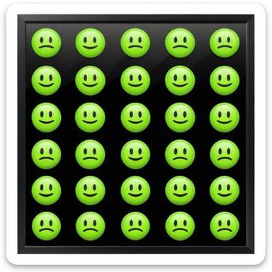 Redraw all icons perfectly centered in square dark gray frames, bright lime green symbols, glossy effect, sharp clean flat design, high contrast, uniform size, pixel-perfect alignment sticker