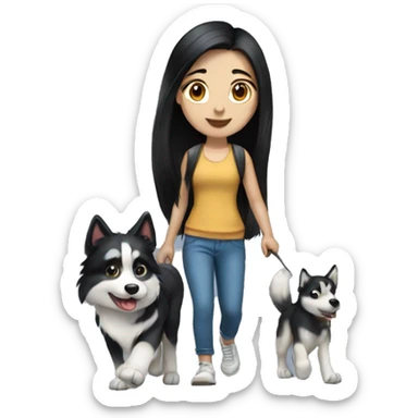 Long black hair pale girl walking husky dog sticker