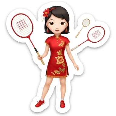 ancient cheongsam girl with 1 badminton racket, red sticker