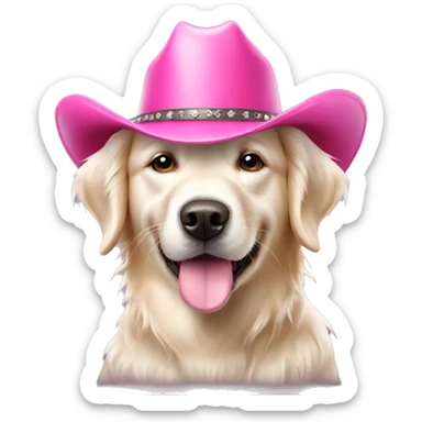 White golden retriever wearing pink cowboy hat sticker