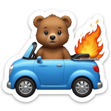 cute brown bear in a small blue car with fire coming out sticker