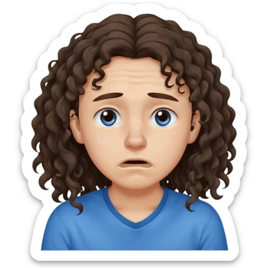 white young long dark brown CURLY hair, with a blue shirt, in despair crying, brown eyes, septum nose piercing sticker