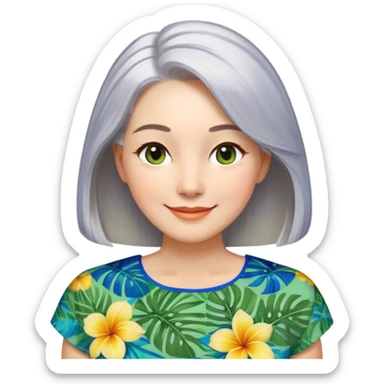 A woman with light complexion, oval face with soft rounded features, full cheeks, gentle almond-shaped eyes with subtle smile lines, longer silver-gray hair parted to the side, wearing a vibrant short-sleeved blouse with tropical print in blue, green, and yellow, exuding warmth and joy. sticker
