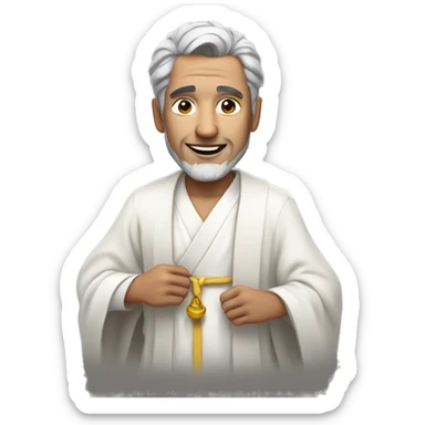 man with grey hair in long white robe giving peac sticker