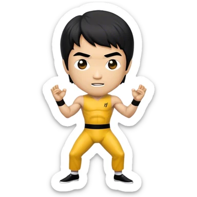 Cinematic Realistic Bruce Lee Pop Culture Emoji, featuring a dynamic portrayal of the legendary martial artist rendered with crisp detail and energetic lighting. sticker