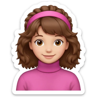 brown fluffy haired girl with pink turtleneck sweater and hair band sticker