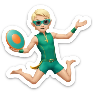 elf male legolas launching a frisbee woven from pure sunlight, wearing sporty teal swim shorts and performance sunglasses, pointy ears, centered emoji sticker