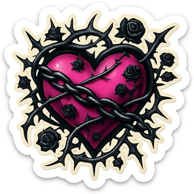 Add more gothic details including chains, thorns, and tiny black roses. Keep the black and pink gothic heart with a spiked border. Maintain the retro stickers style with no background. sticker