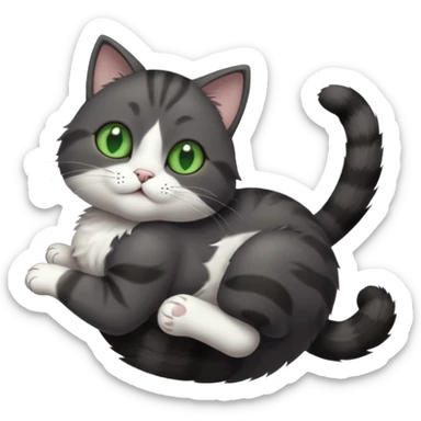 solid dark grey cat with green eyes, white toes/paws and white patch on her chest playfully rolling upside down sticker